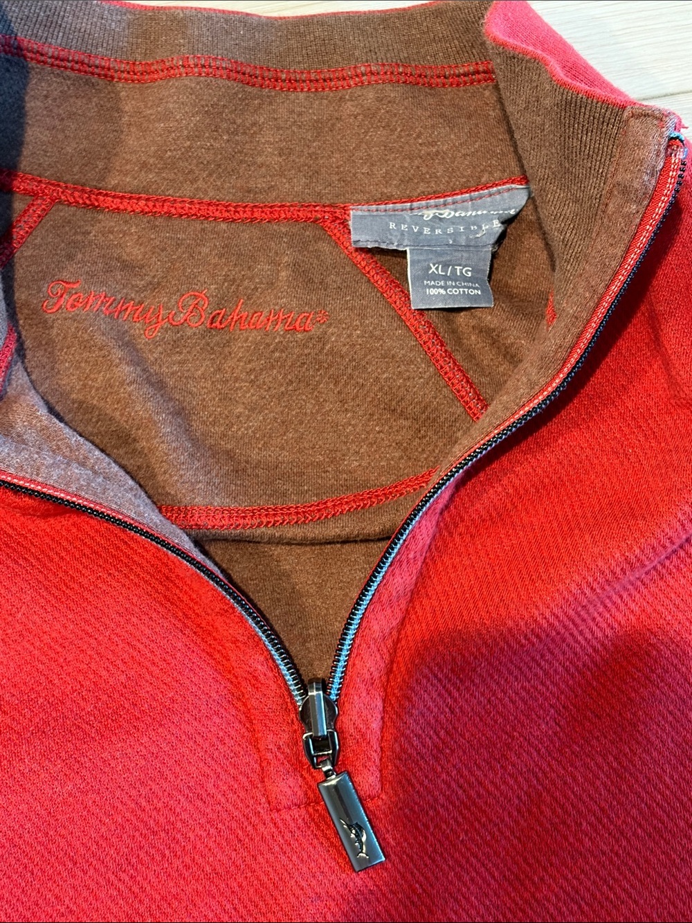 Tommy Bahama REVERSIBLE Red Men’s Quarter-Zip Sweater with Brown Interior